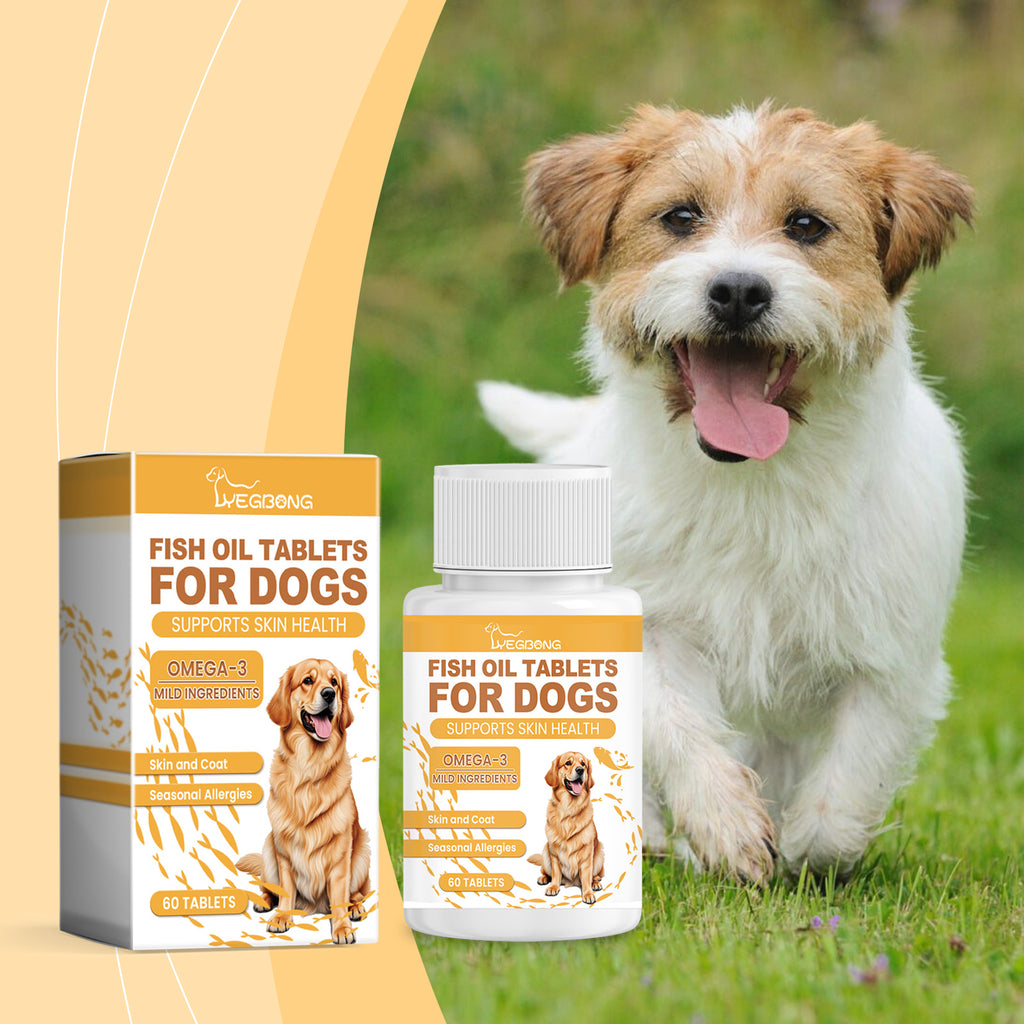 Fish oil chewable tablets for dogs, supplement bottle with chews