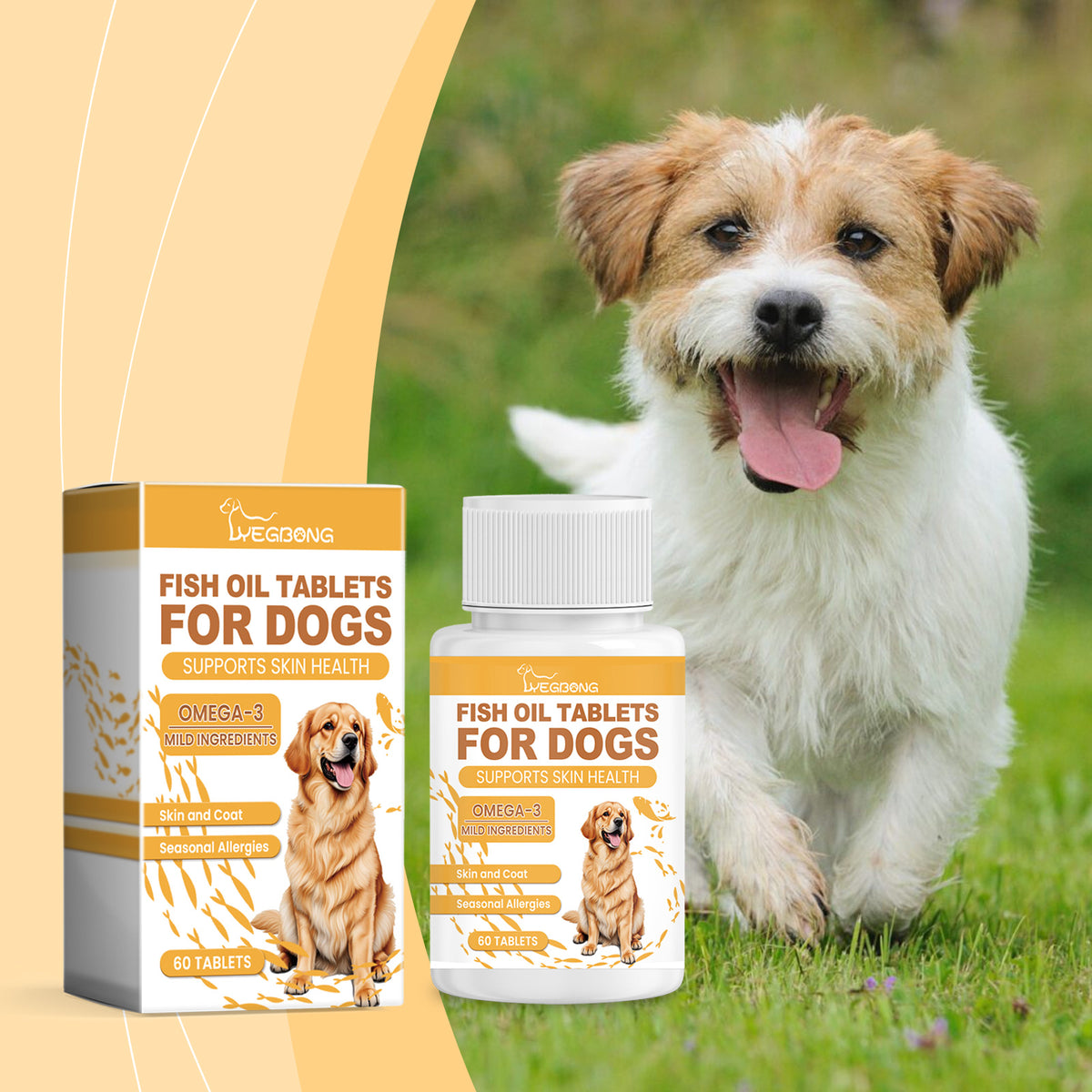 Fish oil chewable tablets for dogs, supplement bottle with chews