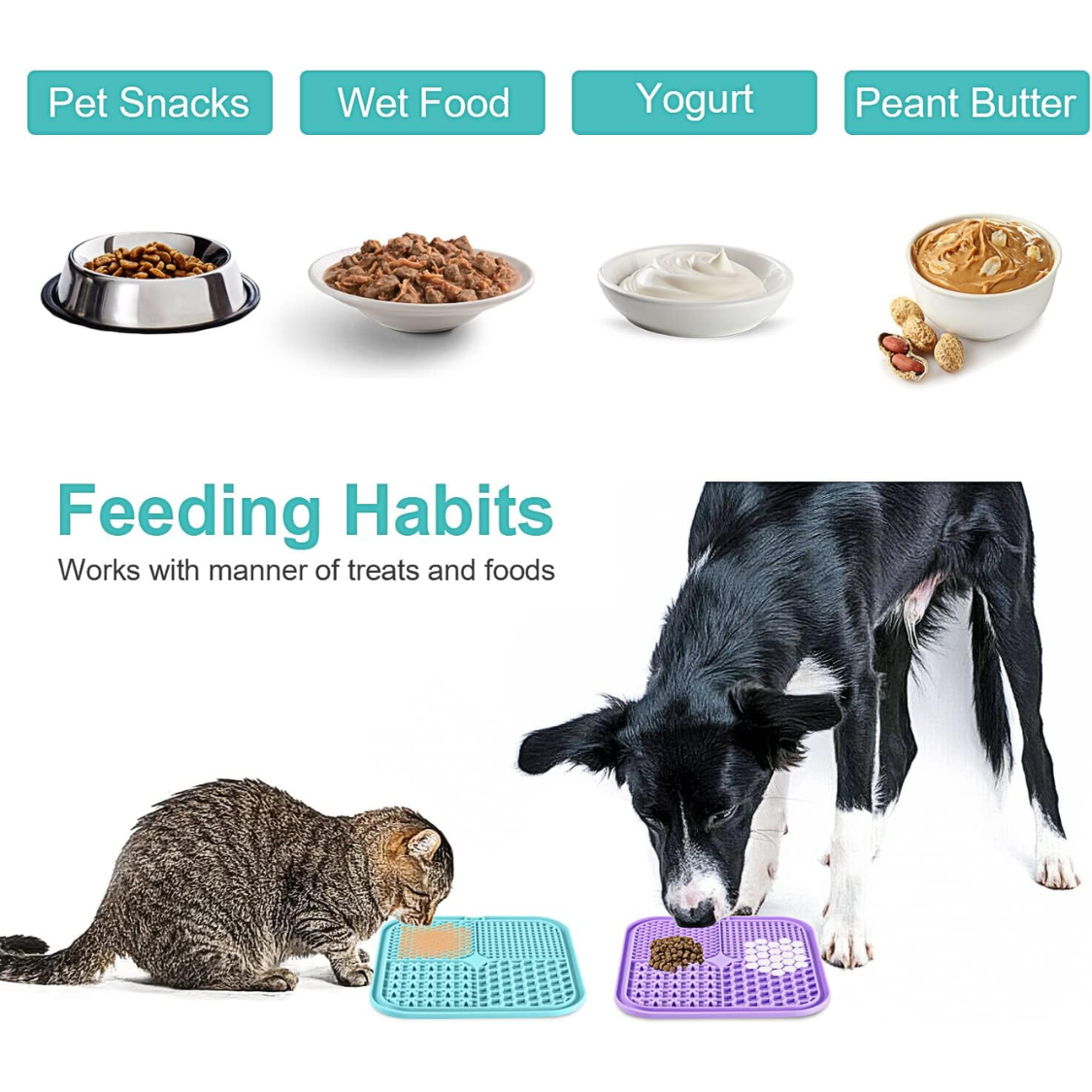 Cats eating treats from a slow feeder lick mat