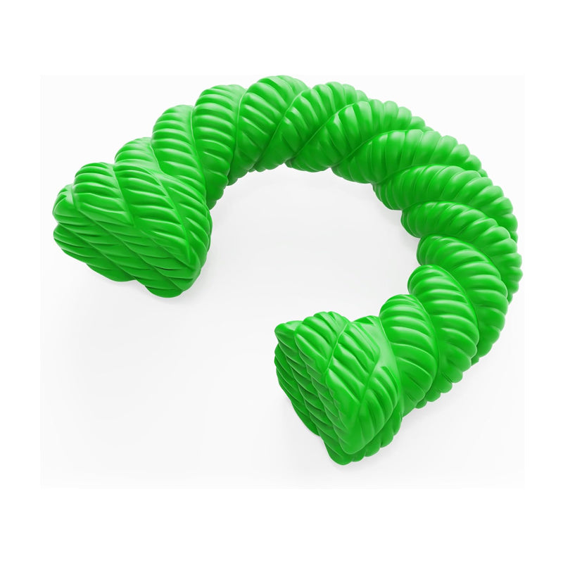 Green horseshoe chew toy lying flat showing twisted rope texture