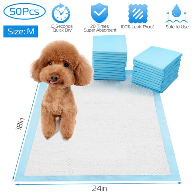 Brown poodle sitting on blue 50-pack dog training pad, 24 by 18 inch size M with quick dry and leak-proof icons