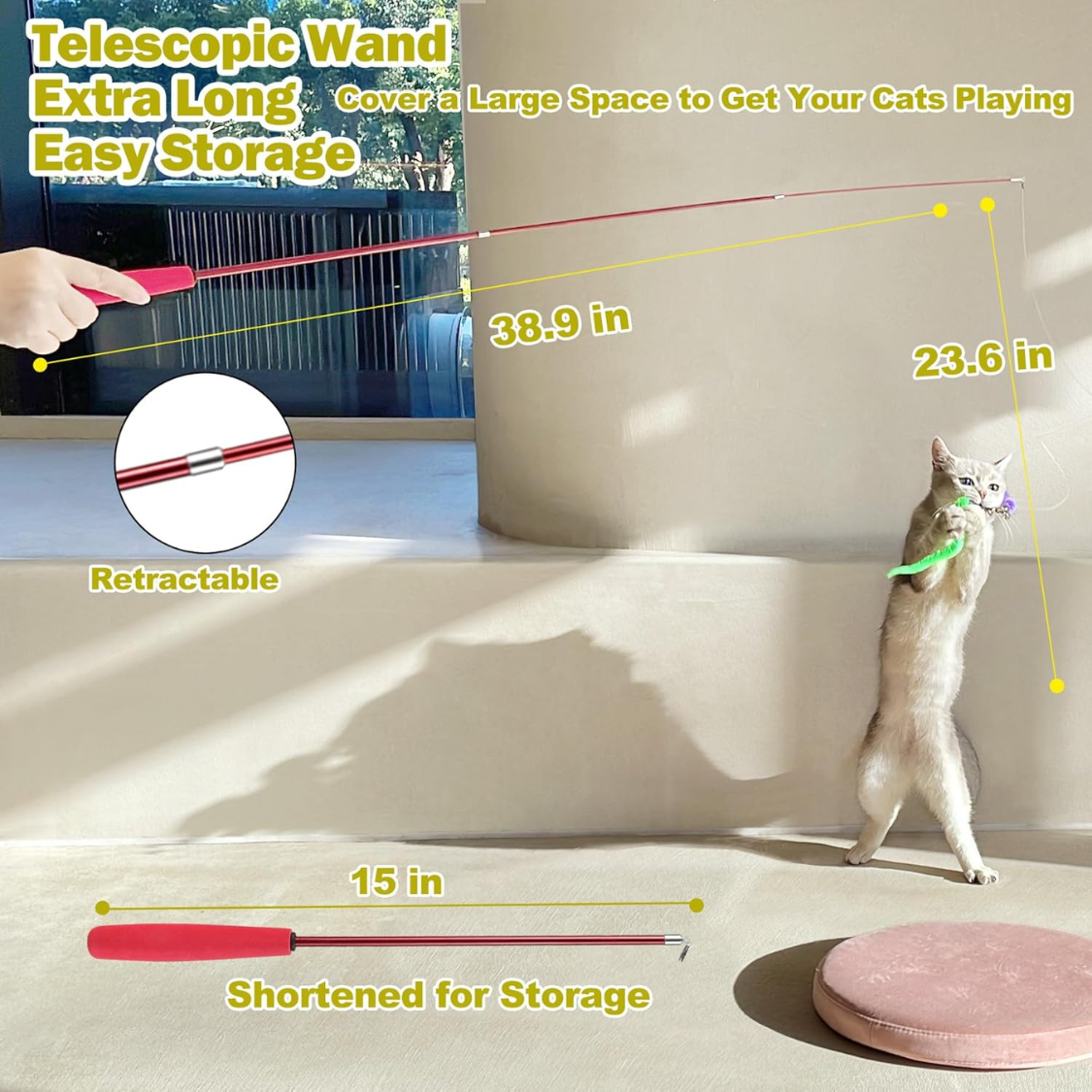 Telescopic wand infographic showing the retractable wand extending to 38.9 inches and shortening to 15 inches, with a cat playing