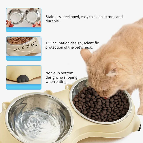 Orange cat eating from yellow double cat food bowl – 15-degree inclination protects neck, stainless steel bowls, non-slip bottom
