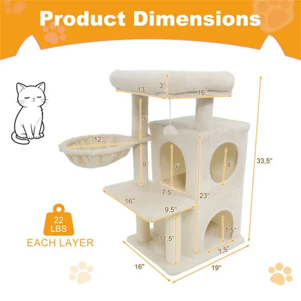 Multi-level beige cat tree with sisal scratching posts, front view