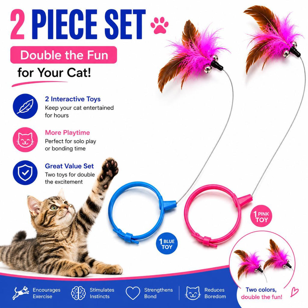 2-piece set graphic showing blue and pink wearable feather collar teasers with feather tassels and bells, a tabby kitten reaching up, captioned double the fun for your cat.