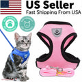 Pink breathable mesh reflective dog harness vest with leash; cat wearing blue escape-proof no-pull harness