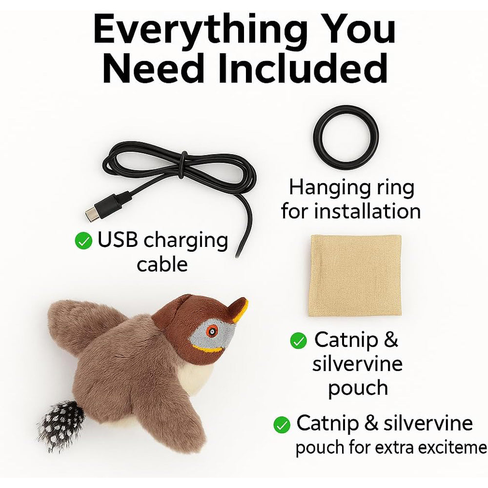Flapping bird cat toy package contents: chirping sparrow plush bird toy with USB charging cable, hanging ring, and catnip and silvervine pouch.
