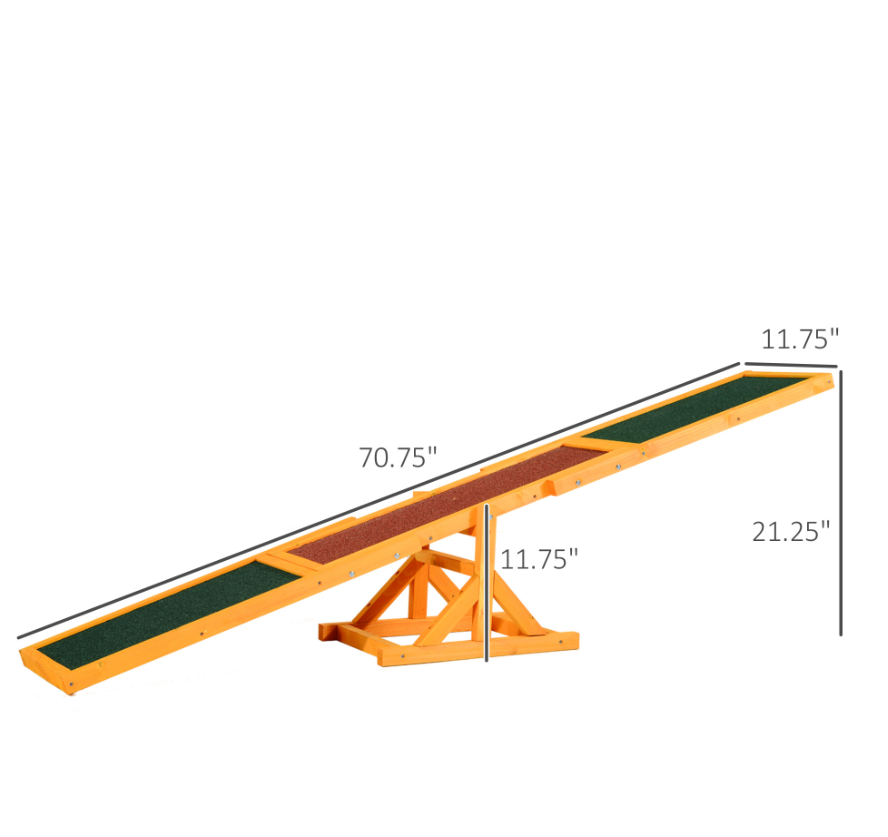 Dimension diagram of the wooden dog agility seesaw showing 70.75-inch length, 11.75-inch height, and 21.25-inch width.