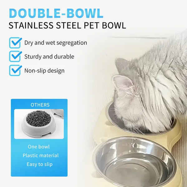 Long-haired cat eating from yellow double-bowl stainless steel pet bowl – dry and wet food segregation, sturdy and non-slip design