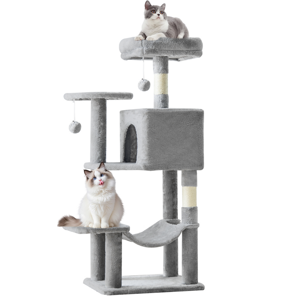 Light grey 44 inch cat tree tower with two cats resting on perches, condo cubby and hammock