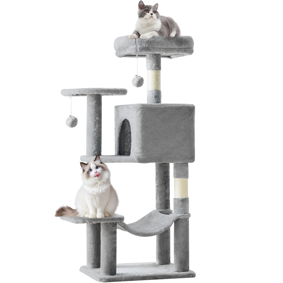 Light grey 44 inch cat tree tower with two cats resting on perches, condo cubby and hammock