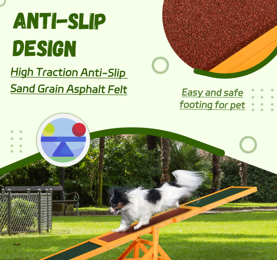 Anti-slip design graphic showing a Papillon dog walking on the seesaw in a park, with a close-up of the high-traction sand-grain asphalt felt surface.