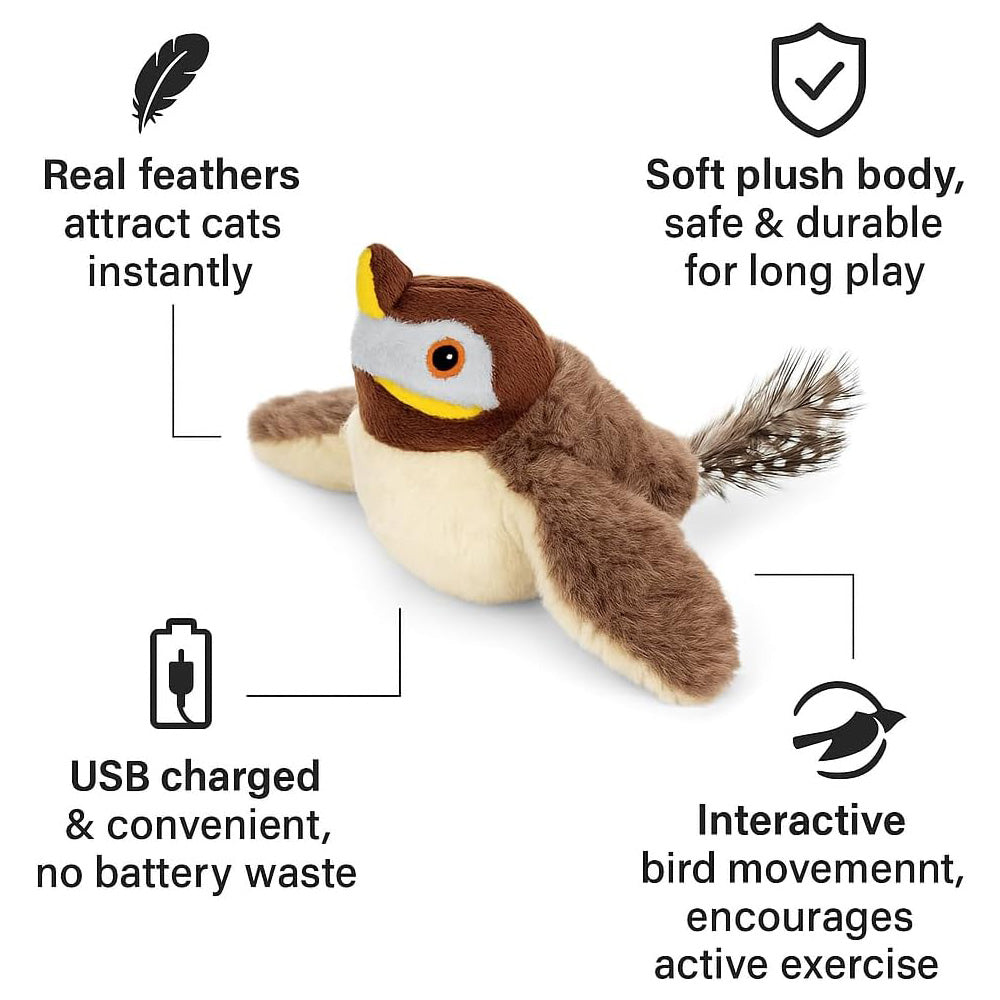 Flapping bird cat toy feature graphic: chirping sparrow plush with real feathers, soft durable plush body, USB charging, and interactive bird movement for active exercise.