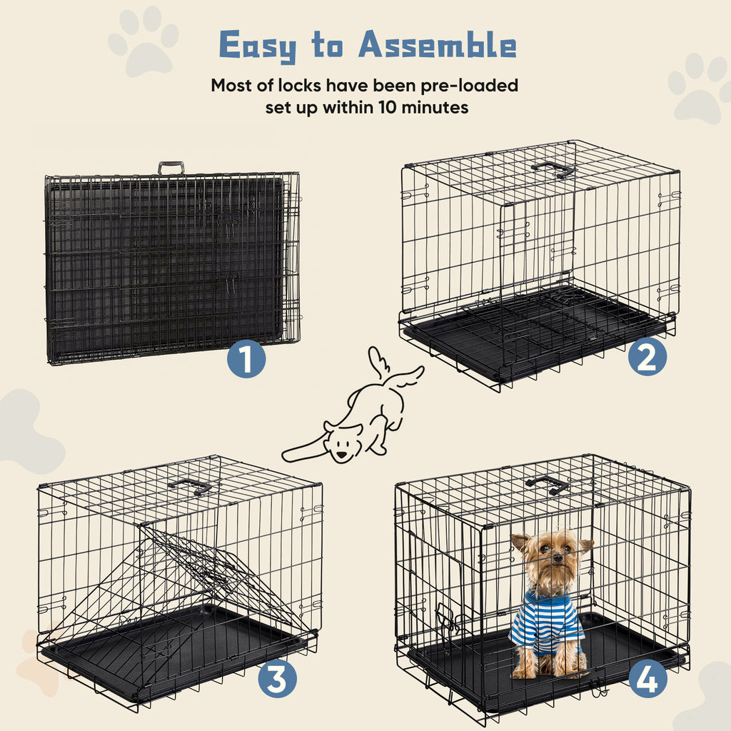 Dog cage assembly guide infographic showing 4 setup steps with a small dog in the finished crate