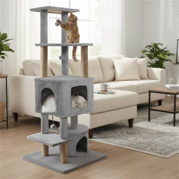 Cat tower with plush perches and 3 dangling balls, detail view