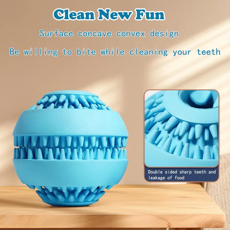 Light blue interactive dog treat ball with double-sided teeth for cleaning teeth