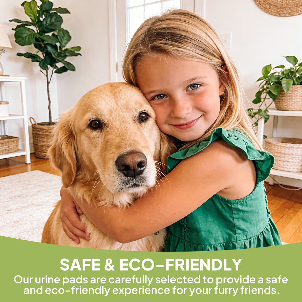 Young girl hugging golden retriever with safe and eco-friendly lavender pet training pads message