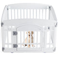 White plastic dog playpen with vertical slats and arched gate door; golden retriever puppy sitting inside the indoor pet fence