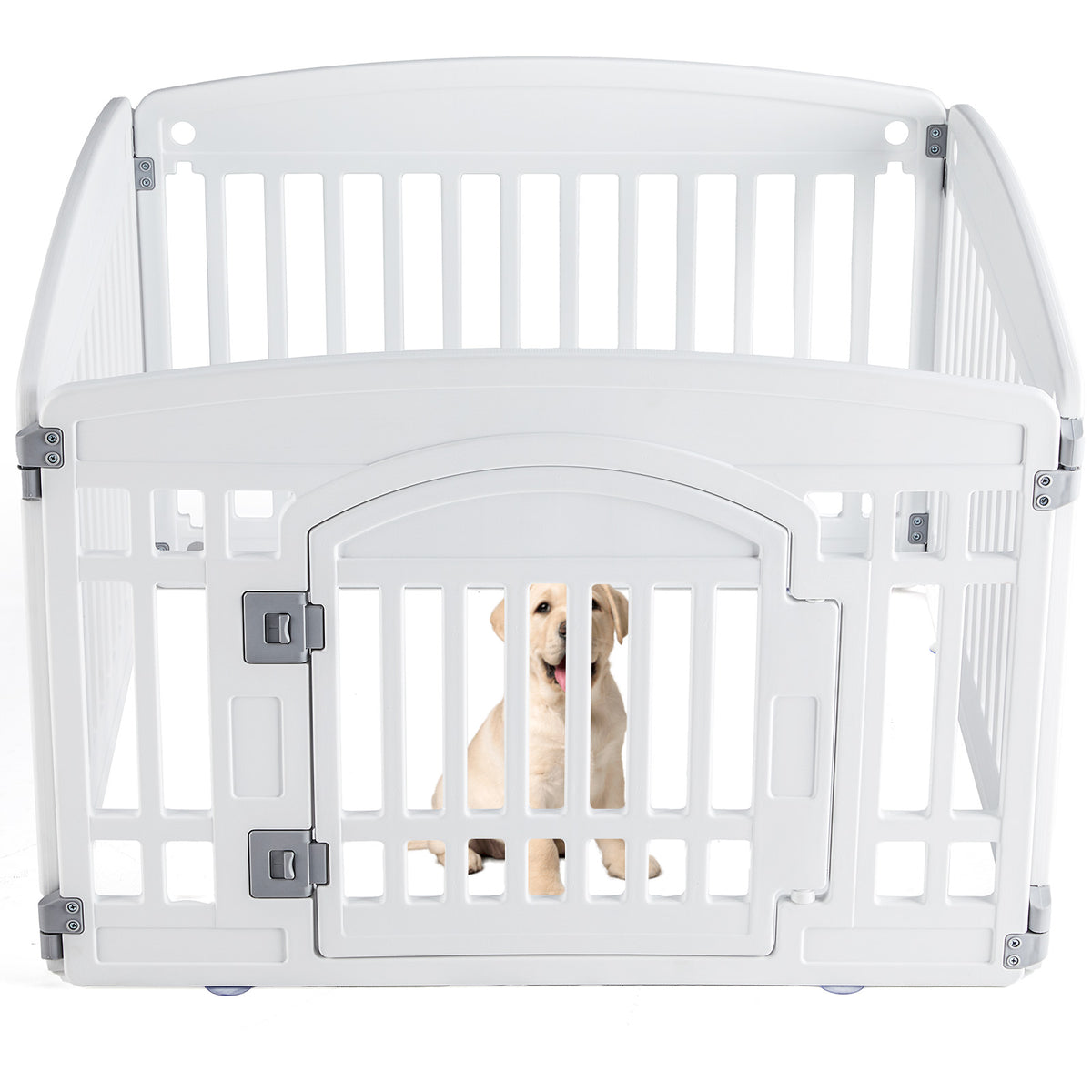 White plastic dog playpen with vertical slats and arched gate door; golden retriever puppy sitting inside the indoor pet fence
