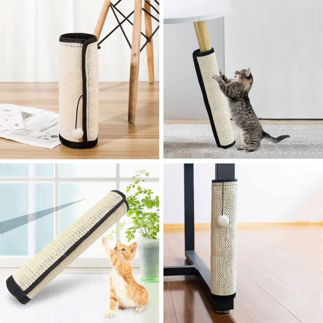 Sisal scratch pad on furniture legs – rolled pad, cat scratching table leg, kitten playing, pad on chair leg