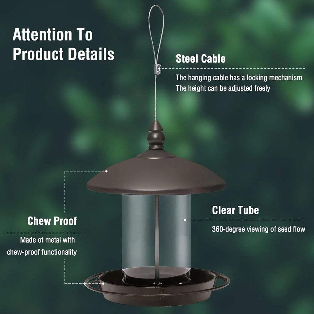bronze metal roof bird feeder product details showing steel cable chew-proof metal and clear seed tube