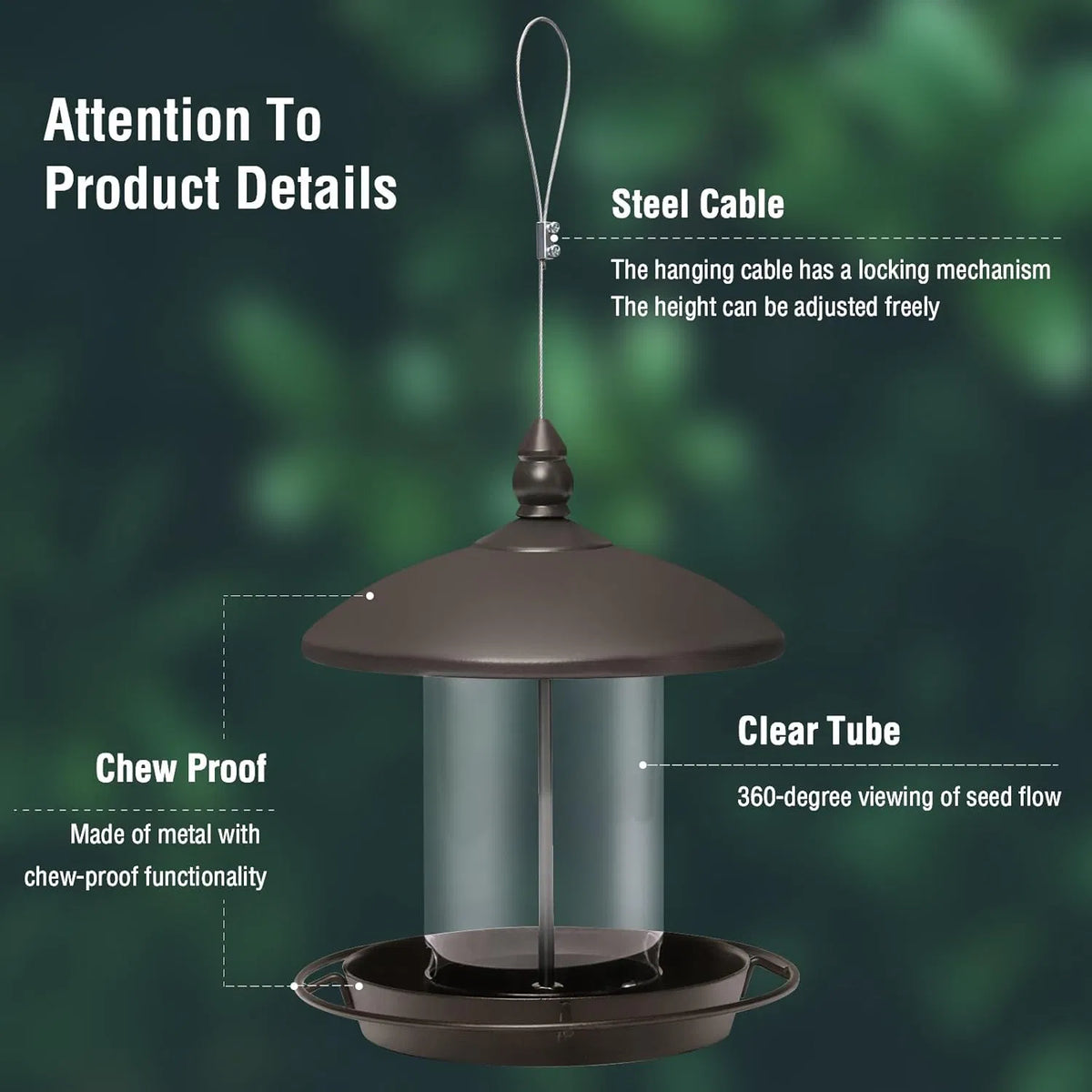 bronze metal roof bird feeder product details showing steel cable chew-proof metal and clear seed tube