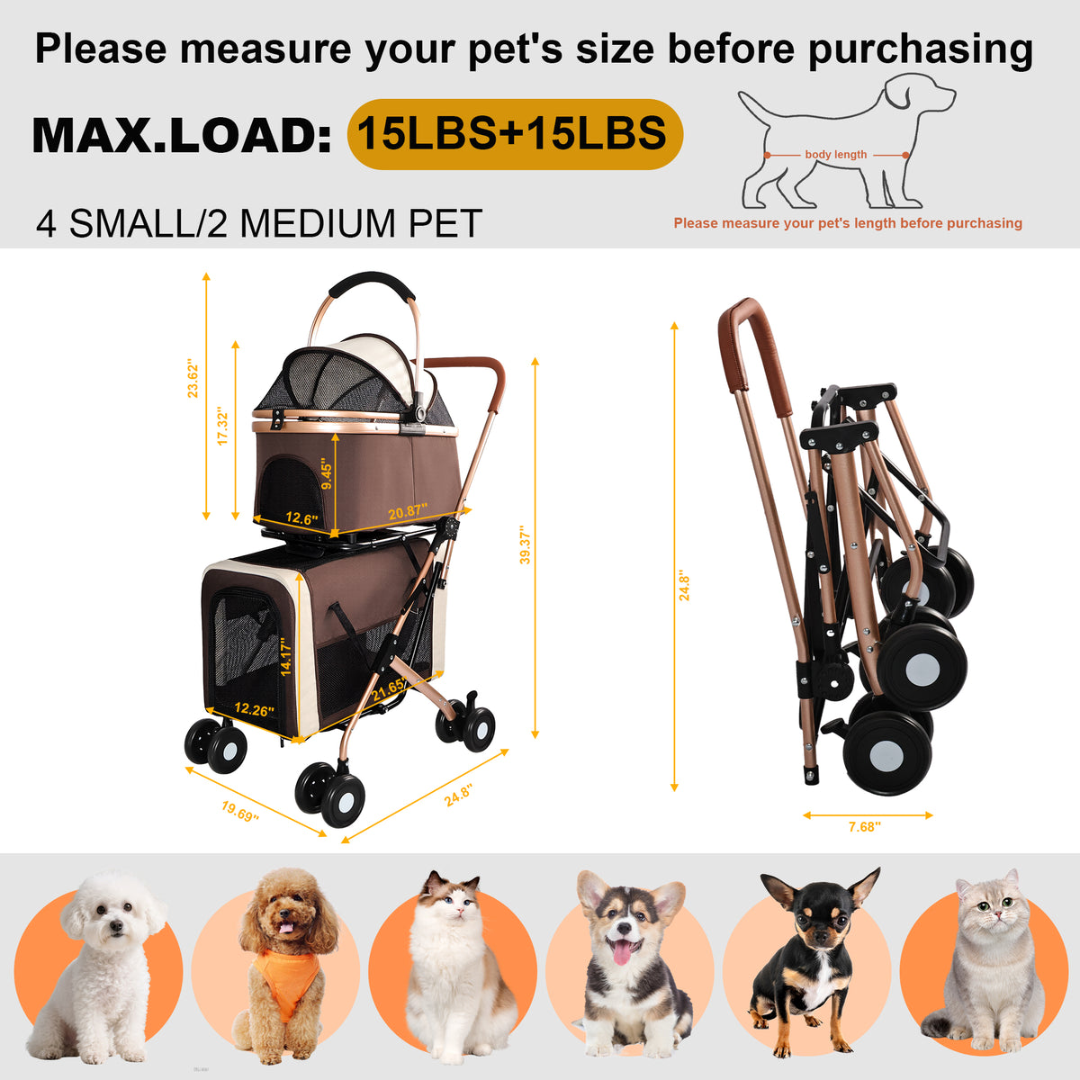 Pet stroller size and dimensions chart showing 15 lbs plus 15 lbs max load, stroller and folded frame measurements, and suitable small pet breeds