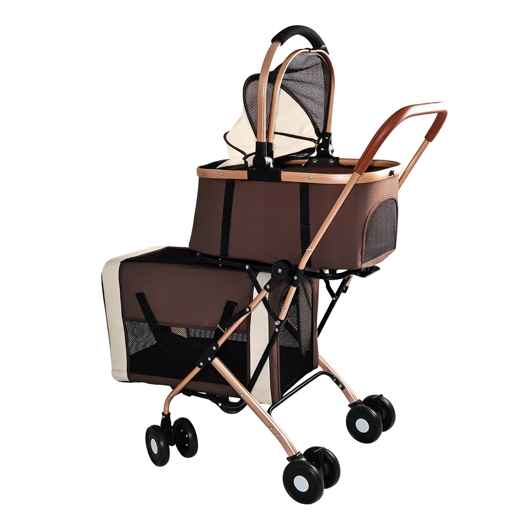Brown double pet stroller with rose gold frame, mesh canopies and four wheels, three-quarter view