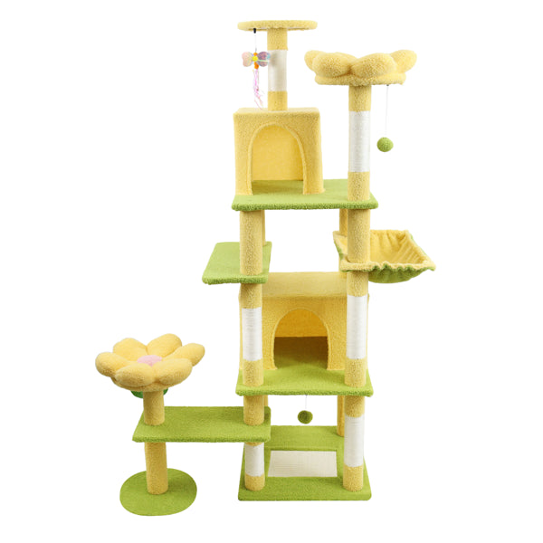 71-inch yellow flower cat tree with hammock, side view