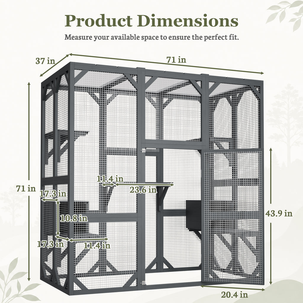 Product dimensions chart of the grey cat enclosure showing 71 by 37 by 71 inch measurements, door height and shelf sizes