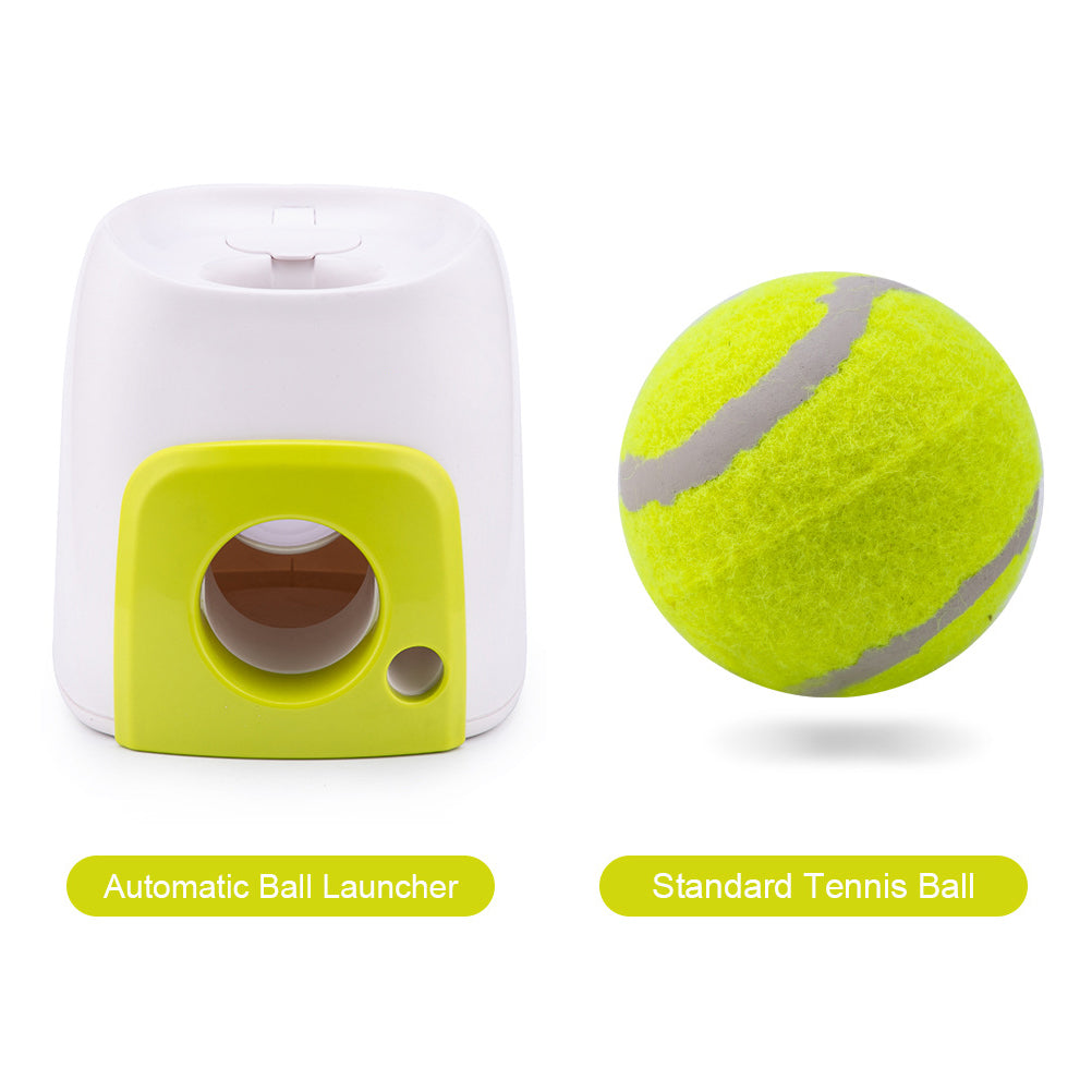 Product card showing the automatic ball launcher machine beside a standard tennis ball.