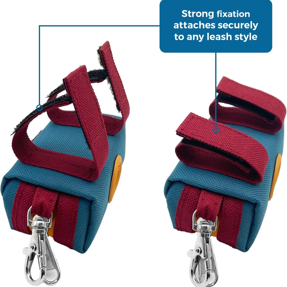 Strong fixation Velcro straps on canvas dog poop bag holder – securely attaches to any leash style with metal carabiner clip
