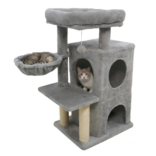Light gray cat tree with cat sleeping in hammock and another peeking from condo doorway