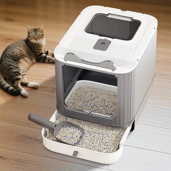 Elevated leak-proof white cat litter box, front view