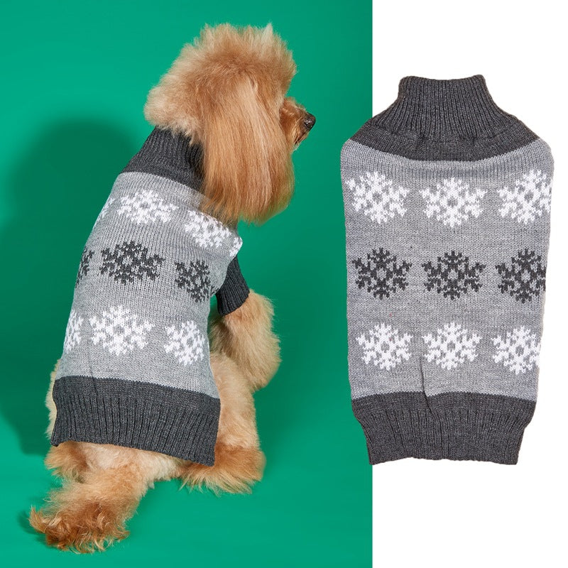 poodle wearing gray snowflake Christmas sweater with flat product shot of gray sweater