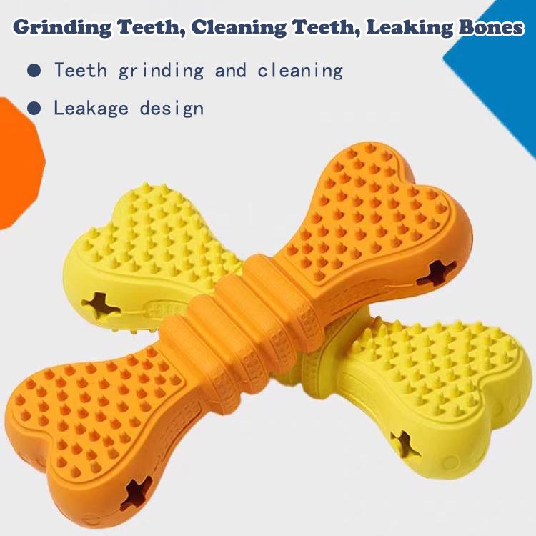 Two bone-shaped dog chew sticks in orange and yellow with spiky nubs for teeth grinding and cleaning