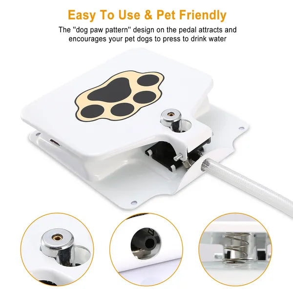 Step-on dog water fountain infographic showing white pedal with paw print design, hose, and close-ups of nozzle, water outlet and spring