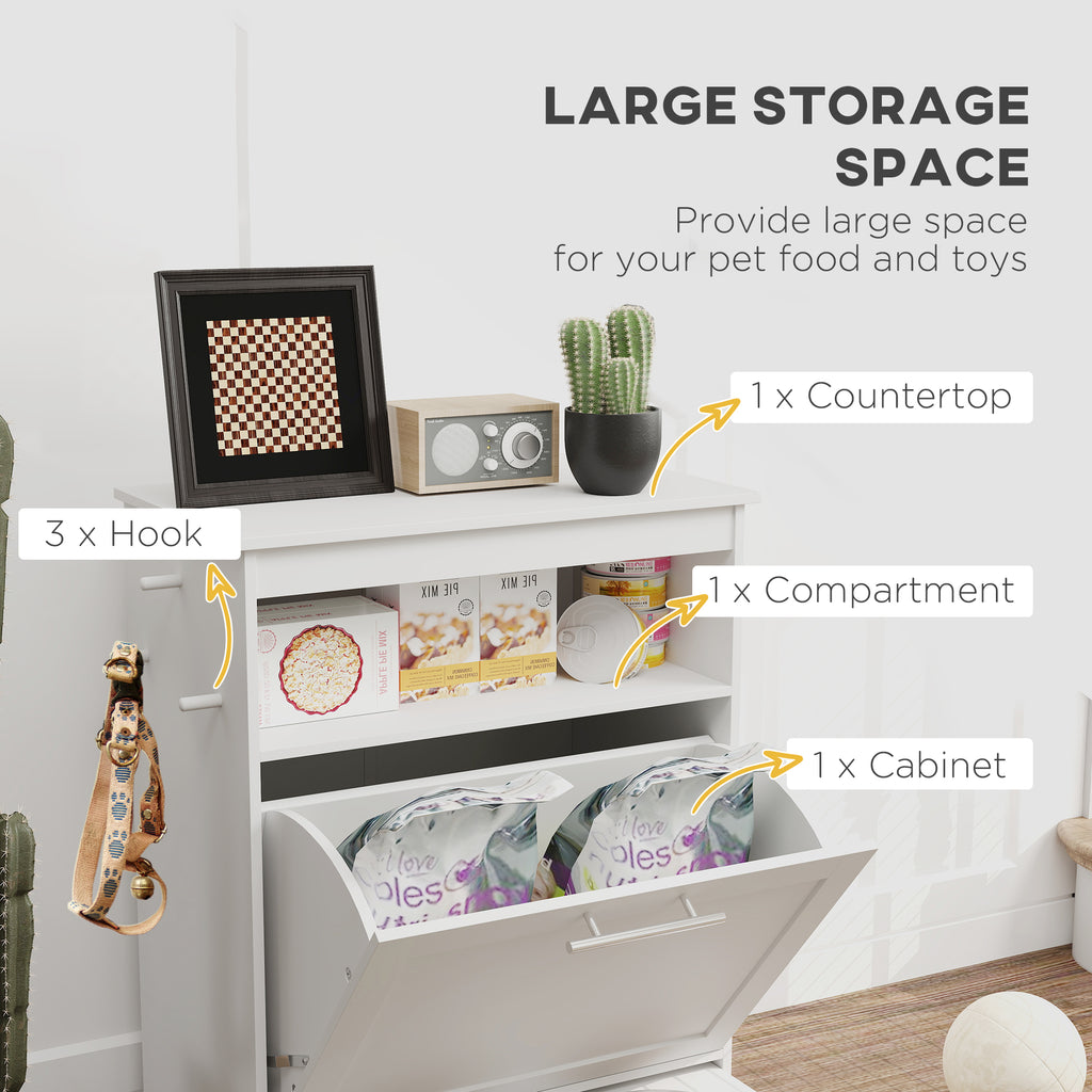 Large storage space in white pet feeder station – countertop, compartment, cabinet and 3 hooks for pet food, toys and leash