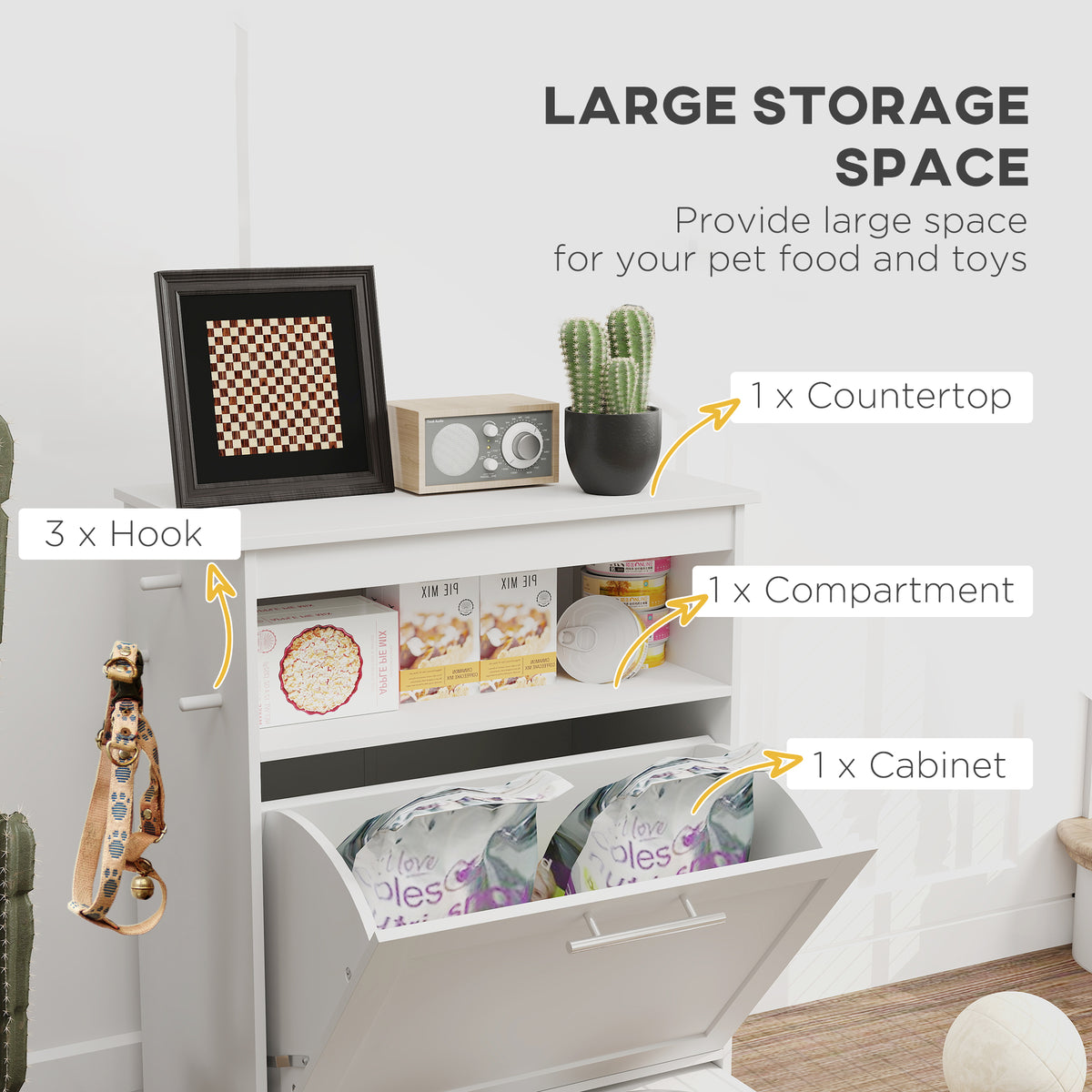 Large storage space in white pet feeder station – countertop, compartment, cabinet and 3 hooks for pet food, toys and leash