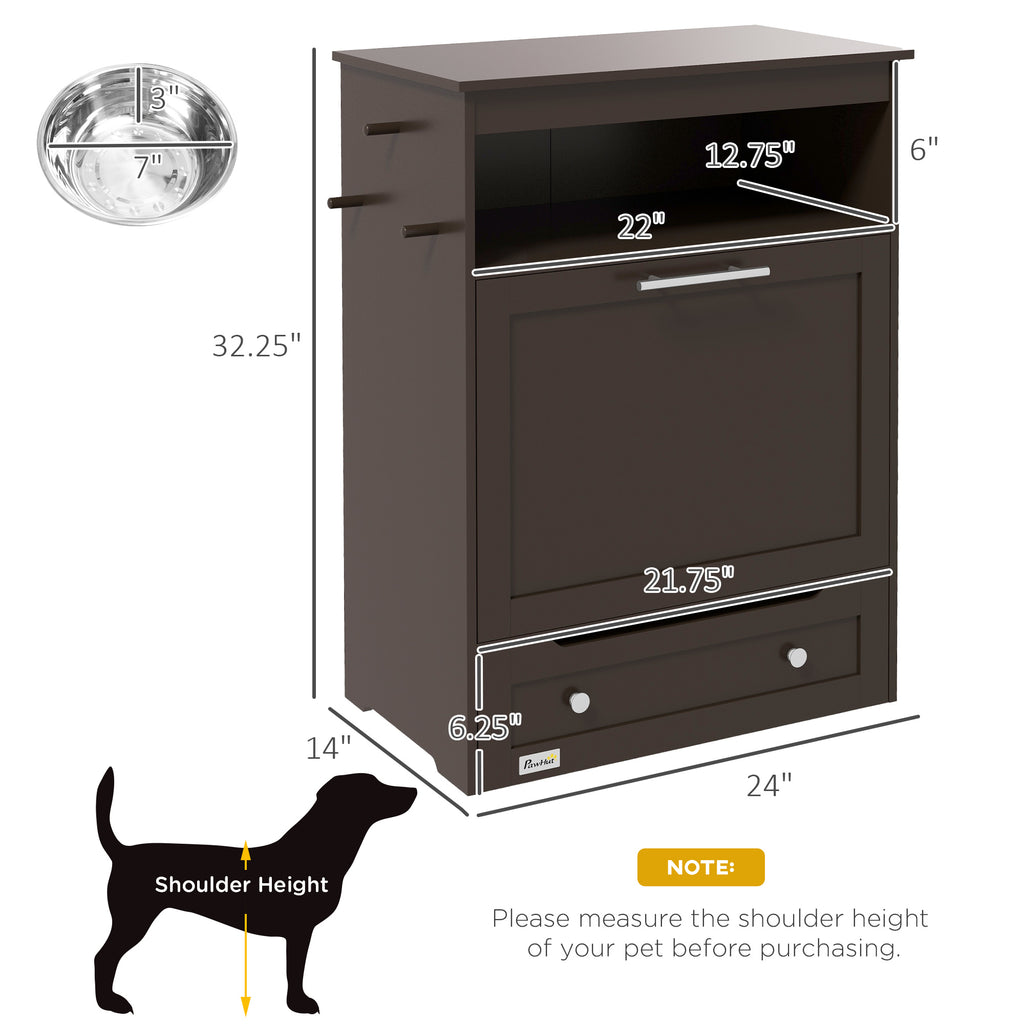 Dimensions diagram of gray pet feeder station storage cabinet – 32.25 x 24 inch with 7-inch dog bowls and shoulder height sizing guide