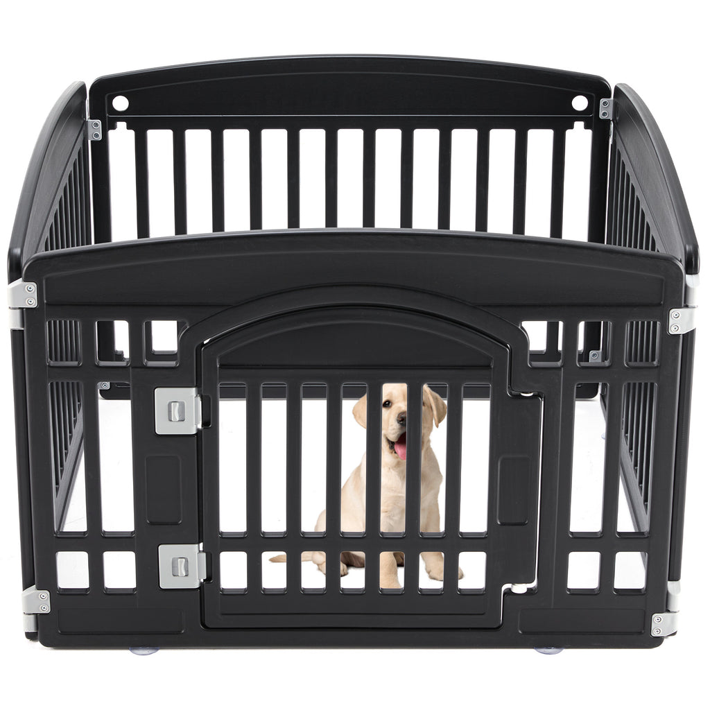 Black plastic dog playpen with vertical slats and arched gate door; golden retriever puppy sitting inside the portable pet fence