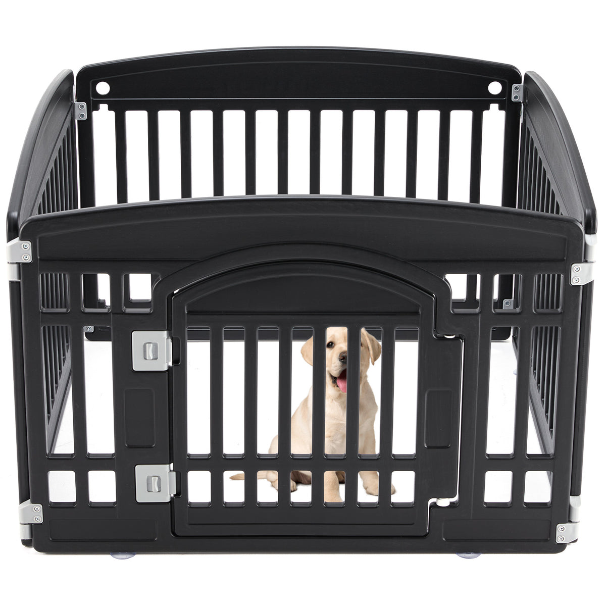 Black plastic dog playpen with vertical slats and arched gate door; golden retriever puppy sitting inside the portable pet fence