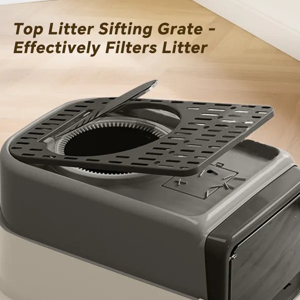 Cat litter box showing pull-out drawer for easy cleaning