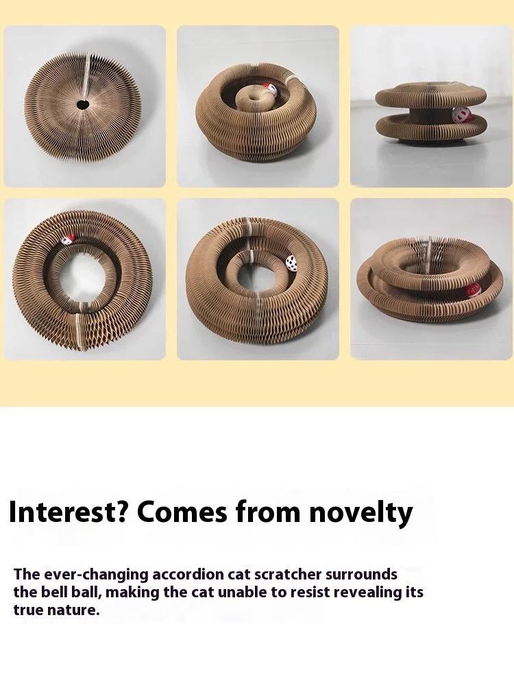 Novelty graphic showing the accordion scratcher in six fold configurations around bell balls, captioned interest comes from novelty.
