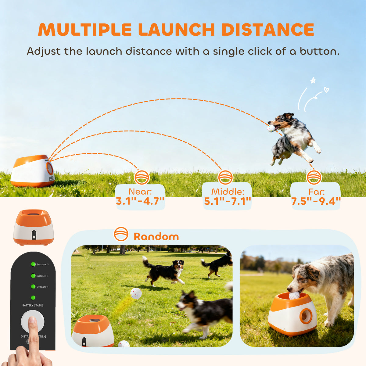 Multiple launch distance infographic showing near, middle and far settings with a jumping dog and random mode photos