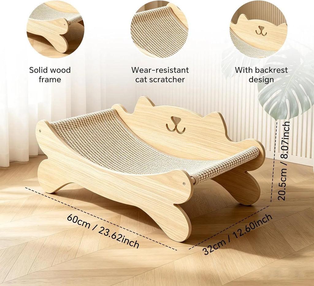 Wooden cat scratcher lounge bed with dimensions – 60cm long, solid wood frame, wear-resistant sisal with backrest design