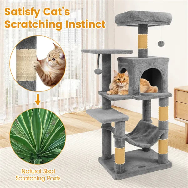 Multi-level cat tree with hammock and scratching posts, front view