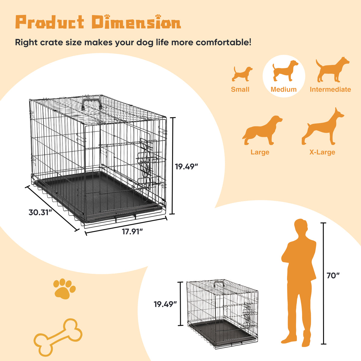 Dog cage product dimension chart showing crate measurements and dog size guide