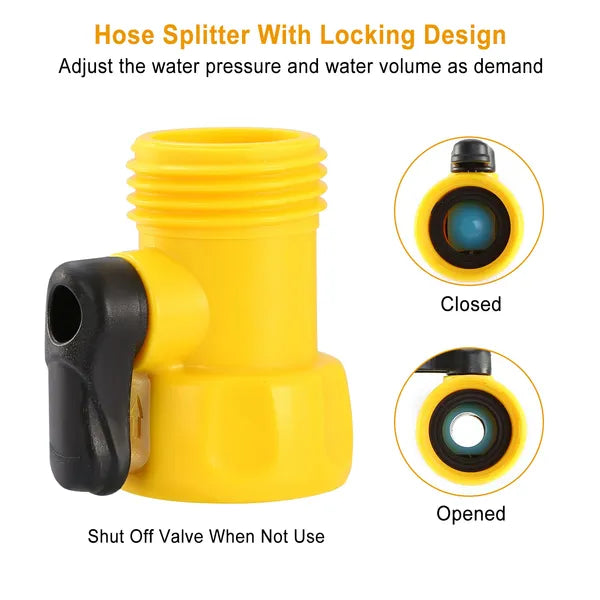 Yellow hose splitter with locking shut-off valve for adjusting water pressure and volume, showing closed and opened states