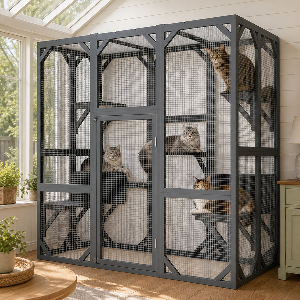Large grey wooden outdoor cat enclosure with wire mesh panels and shelves, with several cats resting inside a bright sunroom